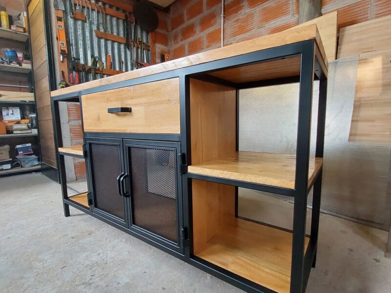 Wood/Metal Floor unit-Centre draw & cupboard and open shelves each end